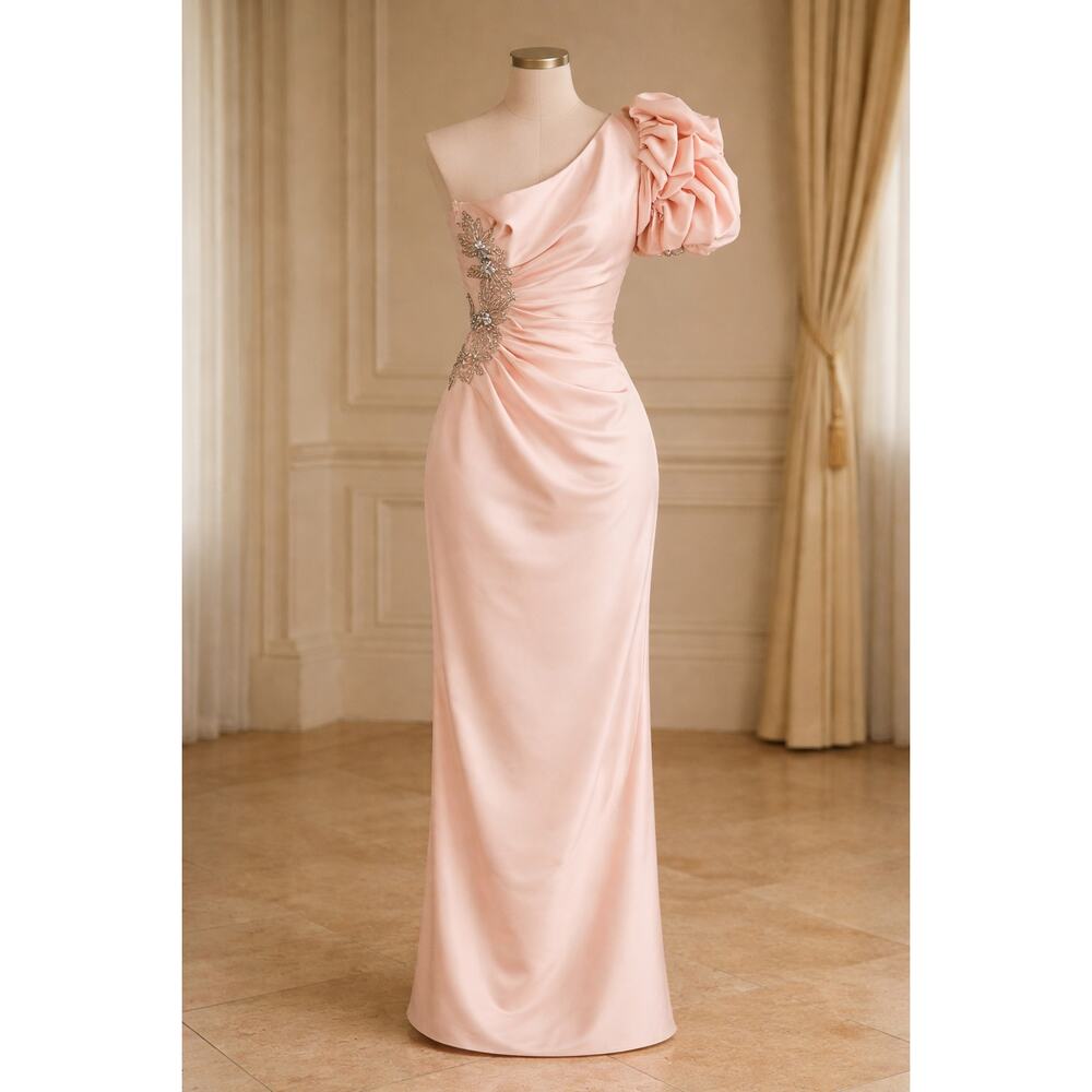 Vintage 1980s After Five Blush Pink One-Shoulder Beaded Evening Gown Size 8